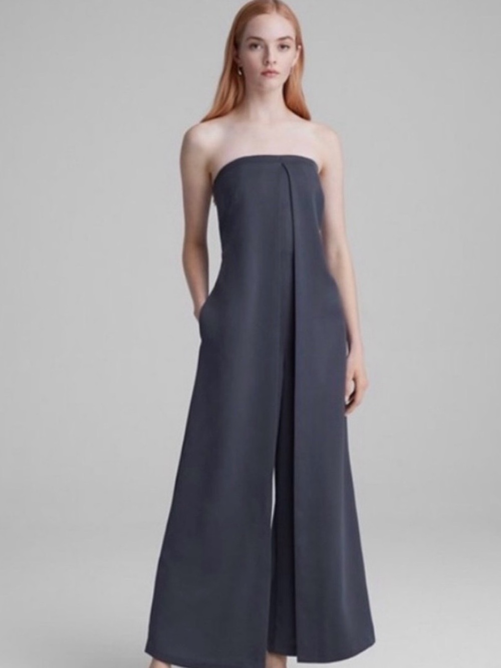 Club Monaco Strapless Wide-Leg Jumpsuit in Satin Charcoal Gray